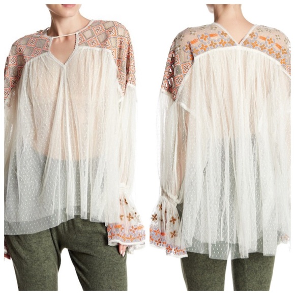 Free People Tops - FREE PEOPLE EMBROIDERED TULLE BELL SLEEVE TOP M/L